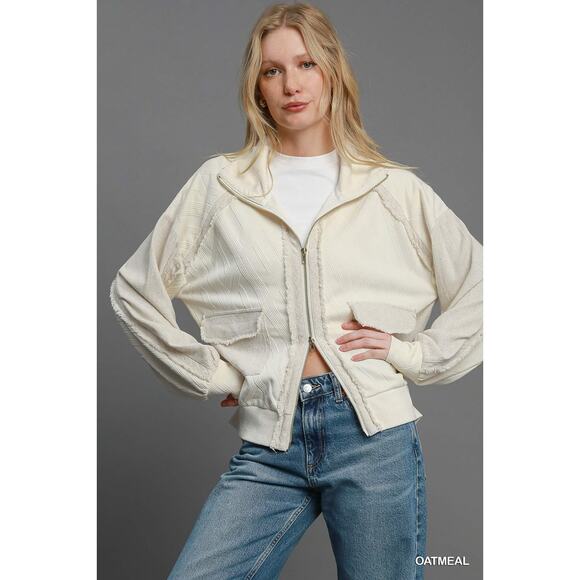 Umgee Two-Way Zip-Up Long Sleeves Front Pockets Loose Jacquard Jacket | Oatmeal - Picture 4 of 6
